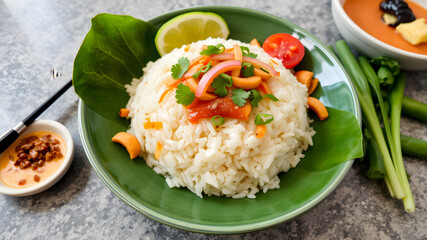 Sticky rice, papaya salad, Som Tam , som tum, thai food, isan food,Thai isan kitchen. Generative AI