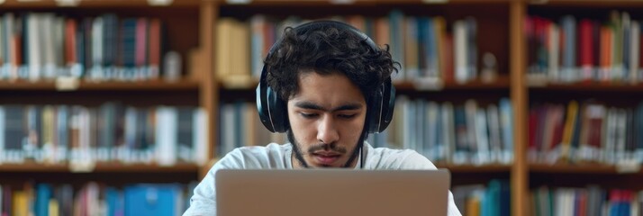 Hispanic college student using headphones while participating in an online training session on a laptop at a university desk, engaging in virtual education and remote academic learning.