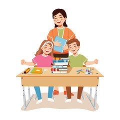 Smiling teacher with happy students at school desk in classroom. World Teachers' Day concept. Poster, Banner, Flyer, Greeting Card. Vector illustration in flat cartoon style