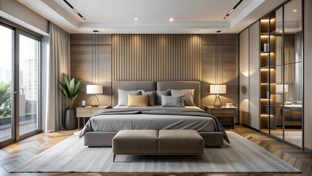 Stylish modern bedroom with a large bed and minimal decor