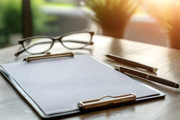 Fototapeta premium Empty clipboard out on a wooden table, with a pen poised for signing and glasses resting beside it, emphasizing professionalism and readiness.