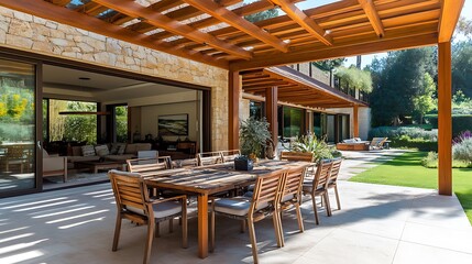 Fototapeta premium Spacious patio with outdoor furniture and cozy garden lounge vibe