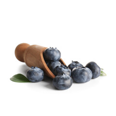 Wooden scoop with ripe blueberry on white background, closeup