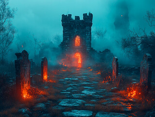 Fototapeta premium Podium background graveyard product display 3D tombstones stand ghosts. Halloween podium with misty graveyards, ghostly figures, and eerie lighting, setting the scene for spooky Halloween items.