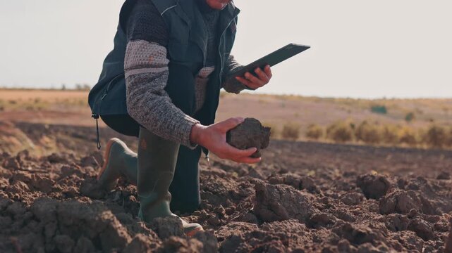 Against a harvest backdrop, a mustached senior farmer uses a digital tablet for agricultural analysis. Tradition and modern tools harmonize in this image.