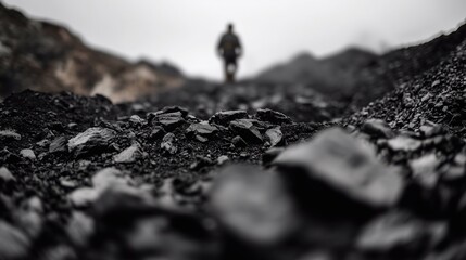 a lot of textured coal on the ground with a man walking in the background