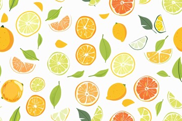 Obraz premium A vibrant pattern featuring various citrus fruits and leaves, perfect for backgrounds or decorative purposes.