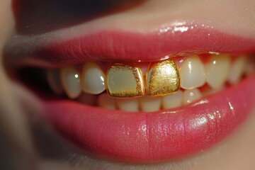 A closeup shot of stylish gold grillz, which beautifully highlight vibrant lips alongside perfectly white teeth