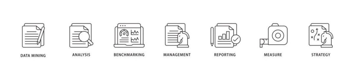 Business intelligence icon sett lineal illustration concept with icon of data mining, analysis, benchmarking, management, reporting, measure, and strategy icon live stroke and easy to edit 