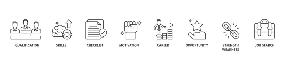Career icon sett lineal illustration concept with icon of define goal, checklist, strengths weaknesses, motivation, qualification, support and success icon live stroke and easy to edit 