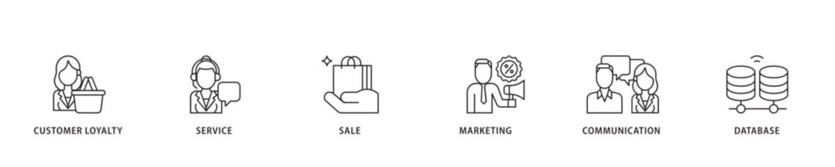 CRM icon sett lineal illustration concept with icon of customer loyalty, service, sale, marketing, communication, and database icon live stroke and easy to edit 