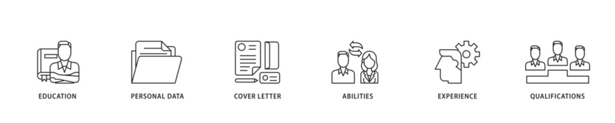 Curriculum vitae icon sett lineal illustration concept with icon of education, personal data, cover letter, abilities, experience and qualifications icon live stroke and easy to edit 