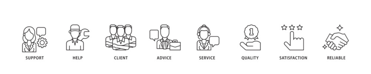 Customer care icon sett lineal illustration concept with icon of help, client, advice, chat, service, reliability, quality, and satisfaction icon live stroke and easy to edit 