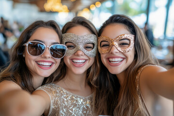 Smiling Women Wearing Sparkly Masks and Sunglasses