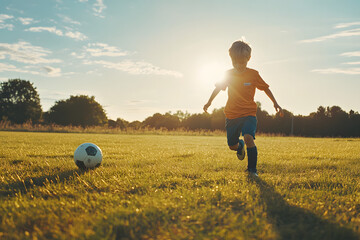 Young boy playing football on a pitch, shot on a sunny day.