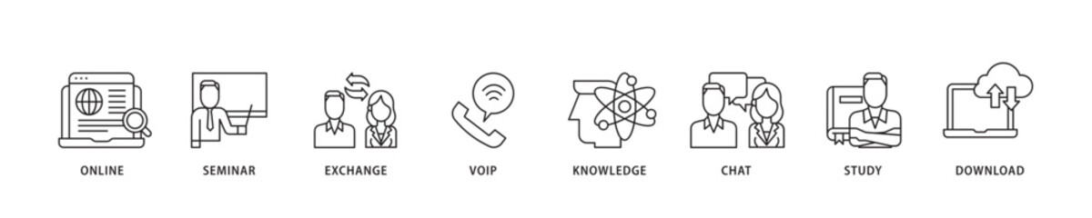 E learning icon sett lineal illustration concept with icon of online, seminar, exchange, voip, knowledge, chat, study and download icon live stroke and easy to edit 