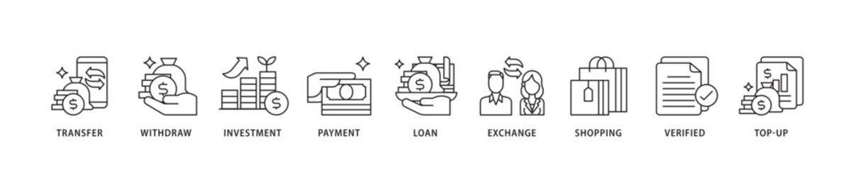 Mobile banking icon sett lineal illustration concept with icon of transfer, withdraw, investment, payment, loan, exchange, shopping, verified and top up icon live stroke and easy to edit 