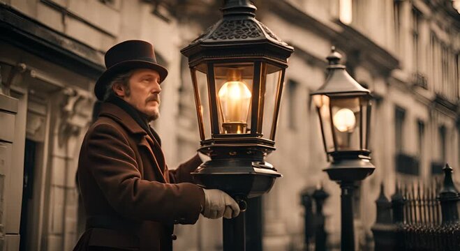Man lighting gas lamps in London.
