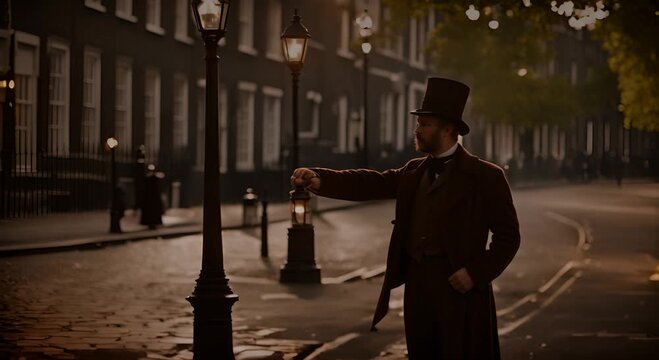 Man lighting gas lamps in London.