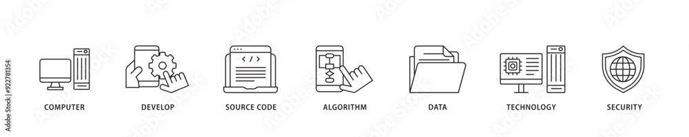Poster programming icon sett lineal illustration concept with icon of computer, develop, source code, algor