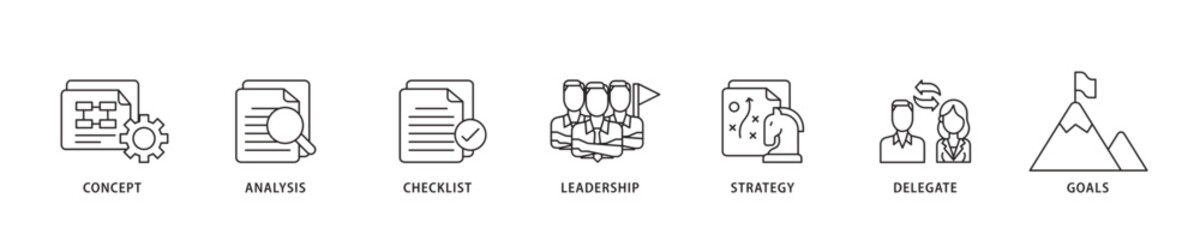 Planning icon sett lineal illustration concept with icon of concept, analysis, checklist, leadership, strategy, delegate and goals icon live stroke and easy to edit 