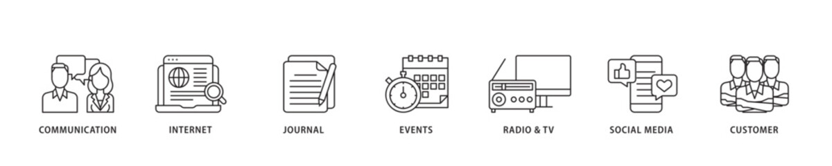 Public relations icon sett lineal illustration concept with icon of communication, internet, journal, events, radio, tv, social media, and customer icon live stroke and easy to edit 