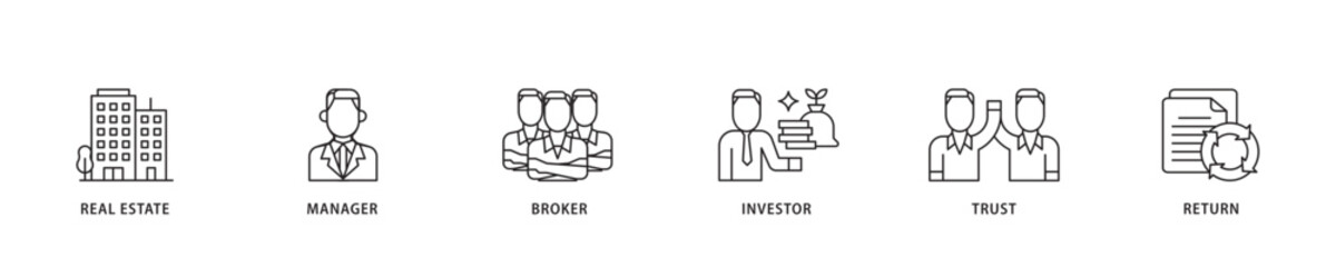 REIT icon sett lineal illustration concept with icon of real estate, manager, broker, investor, trust and return icon live stroke and easy to edit 