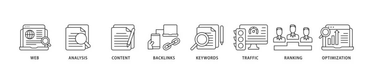 SEO icon sett lineal illustration concept with icon of website, analysis, content, backlinks, keywords, traffic, ranking, and optimization icon live stroke and easy to edit 