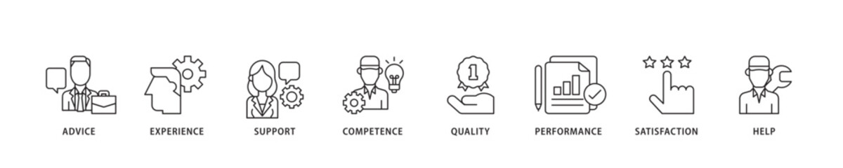 Service icon sett lineal illustration concept with icon of advice, experience, support, competence, quality, performance, satisfaction, help, and call center icon live stroke and easy to edit 