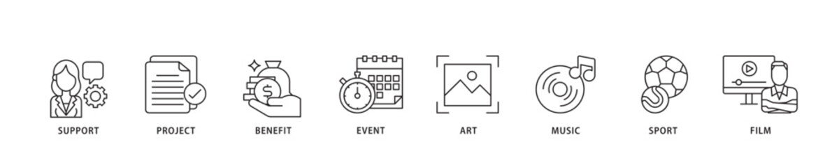 Sponsor icon sett lineal illustration concept with icon of film, sport, event, music, art, benefit, project, support icon live stroke and easy to edit 