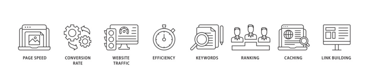 Website optimization icon sett lineal illustration concept with icon of page speed, conversion rate, website traffic, efficiency, keywords, ranking, caching  icon live stroke and easy to edit  © AFD