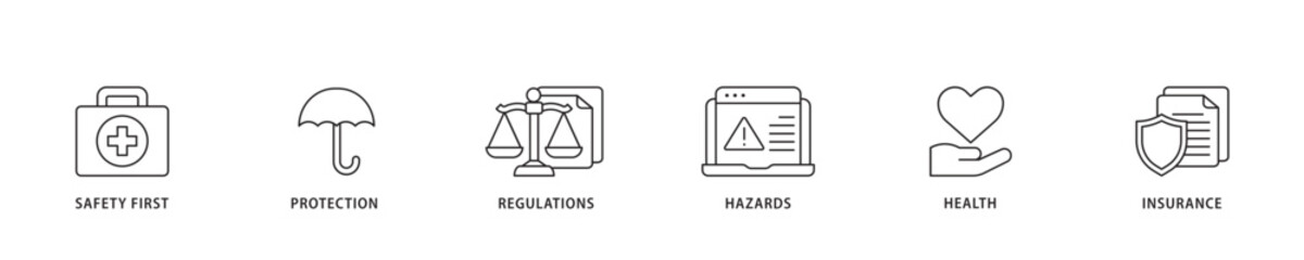 Work safety icon sett lineal illustration concept with icon of safety first, protection, regulations, hazards, health, and insurance  icon live stroke and easy to edit 