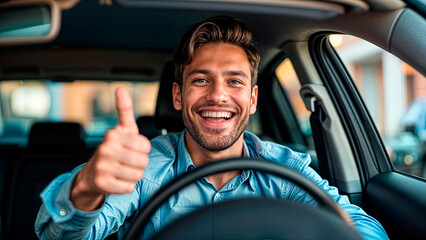 Happy man and portrait in car with thumbs up for finance sale or dealership agreement for insurance Vehicle safety and customer with choice at showroom and thank you for luxury auto