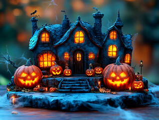 Podium background Halloween haunted house product display 3D pumpkins stand. Halloween podium with glowing jack-o'-lanterns, spooky candles, and cobwebs, creating a chilling atmosphere for seasonal.