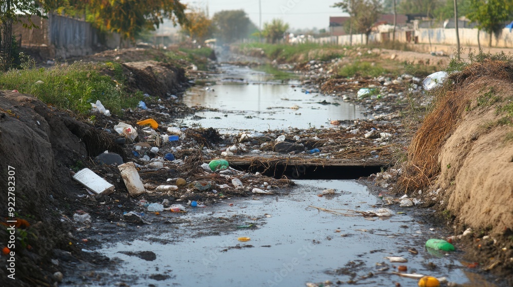 Wall mural A dirty water is flowing down a dirt road in the middle of nowhere, AI