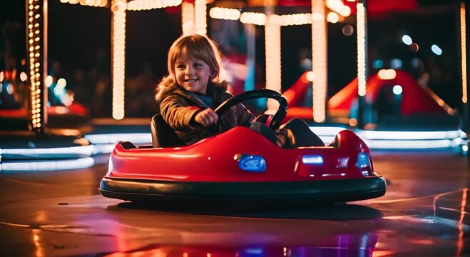 Happy child on the bumper cars at the fair.