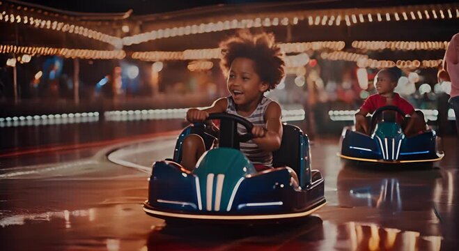 Happy child on the bumper cars at the fair.
