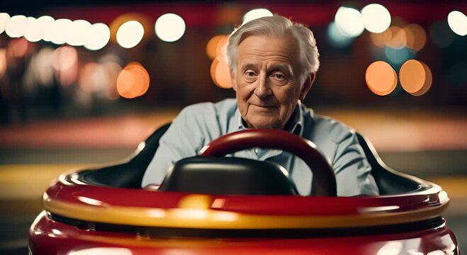Happy senior on the bumper cars at the fair.