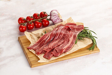 Raw beef bacon for cooking