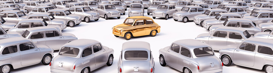 Group of silver cars surround the gold car in the middle. Stand out from the crowd and be different concept 3d render 3d illustration