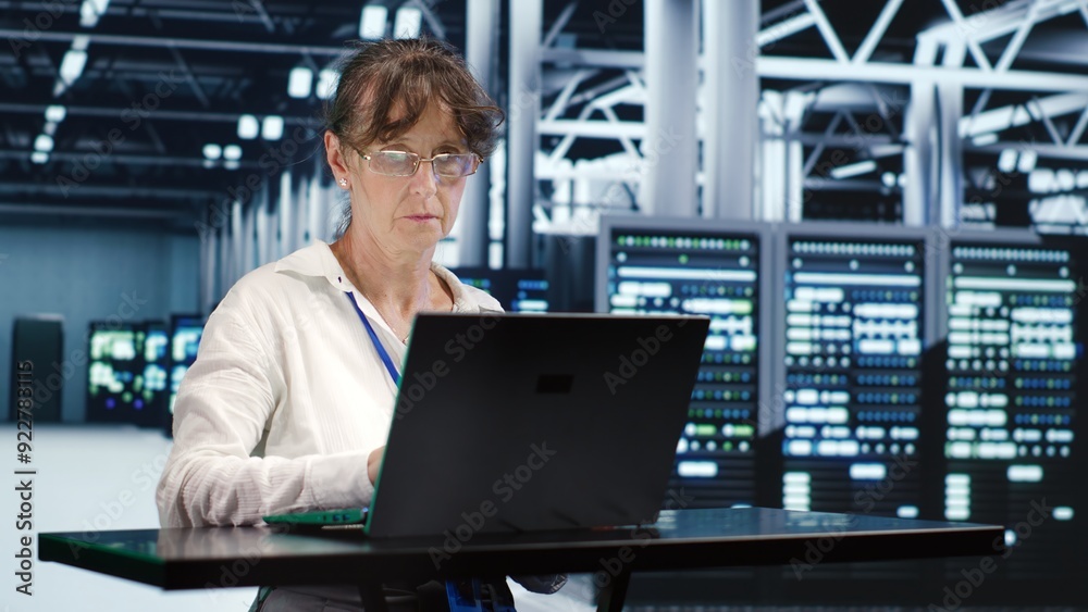 Poster qualified worker in server farm housing high end rows capable of quickly and efficiently performing 