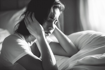 Naklejka premium Sad and depressed woman awake in the night worrying