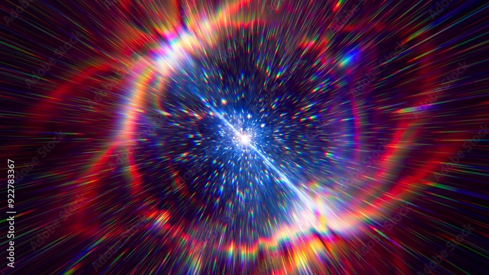 Poster flight to the stars at the speed of light. portal for hyperspace jump. colorful glowing cosmic backg