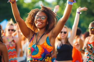 Diverse, energetic group of millennials dancing with joy and excitement at a lively music festival, epitomizing youth and fun,