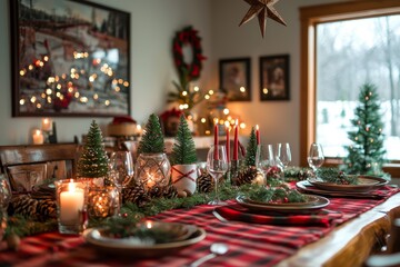 Festively decorated dining table with candles, greenery, and Christmas decor in a cozy home setting during winter