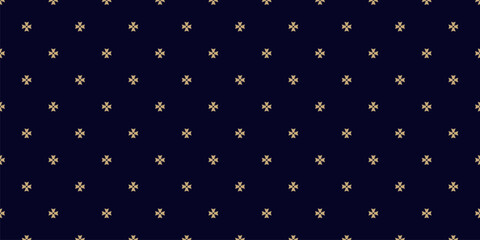 Vector golden minimalist geometric floral ornament. Simple seamless pattern. Ornamental texture with small flower shapes, crosses. Gold and black abstract background. Minimal repeated luxury design © Olgastocker