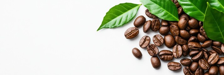 Obraz premium Airy Aerial View of Coffee Beans and Leaves, Embracing the International Coffee Day Spirit with a Serene White Background Replicated Space.