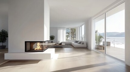 A living room with a fireplace and large windows overlooking the water, AI
