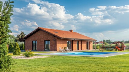Obraz premium Contemporary house featuring a swimming pool, lush garden, and panoramic countryside view, offering a peaceful and picturesque outdoor retreat. 