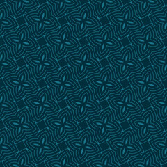 Subtle vector seamless pattern. Elegant geometric floral ornament. Dark teal green colored background with linear flowers, leaves, petals, curved lines. Abstract ornamental texture. Repeated design